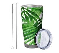 botanico con coperchio e cannuccia bicchiere foglie tropicali pianta acquerello bellissimo verde artistico verniciato a polvere caldo e freddo senza fuoriuscite cortile all'aperto picnic palestra