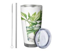 Botanico con coperchio e cannuccia bicchiere Vetro Acquerello Disegni Foglie Pianta Artistico Cottage Piuttosto verde bianco Metallo Inossidabile Caldo e Freddo No Spill Ufficio Outdoor Club Tazza da