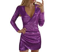 BOTCAM - Abiti da donna con paillettes, eleganti, con scollo a V, per le feste, da sera, con maniche lunghe, per l'inverno, da cocktail, da club, mini abito, con maniche asimmetriche, sexy