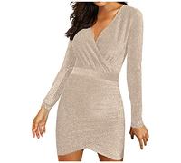 BOTCAM Abito da ballo, da donna, corto, con brillantini, elegante, per matrimoni, donne, scollo a V, a maniche lunghe, slim fit, sexy, aderente, da cocktail, da sera, da ragazza, beige., S