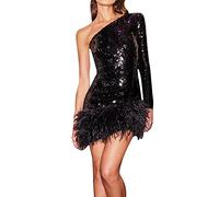 BOTCAM Abito da donna con paillette, con piuma, a maniche lunghe, mini abito da cocktail, da donna, con paillettes, sexy, per feste, da ballo, slim fit, da cocktail