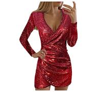 BOTCAM Abito da donna con paillette, elegante, con scollo a V, abito da sera, a maniche lunghe, lucido, da cocktail, da donna, con maniche, asimmetrico, sexy, Aa-rosso, L