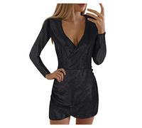 BOTCAM Abito da donna con paillette, elegante, con scollo a V, abito da sera, a maniche lunghe, lucido, da cocktail, da donna, con maniche, asimmetrico, sexy, Nero , M