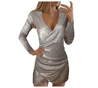 BOTCAM Abito da donna con paillette, elegante, con scollo a V, abito da sera, a maniche lunghe, lucido, da cocktail, da donna, con maniche, asimmetrico, sexy, gold, L