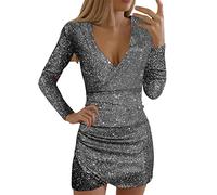 BOTCAM Abito da donna con paillette, elegante, con scollo a V, abito da sera, a maniche lunghe, lucido, da cocktail, da donna, con maniche, asimmetrico, sexy, grigio., XL