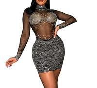 BOTCAM Abito da donna con paillettes, elegante vestito avvolgente da donna, a maniche lunghe, trasparente, nero, con brillantini, da cocktail, da donna, leggero, lunghezza al ginocchio, Nero59, L