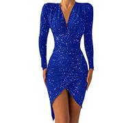 BOTCAM Abito da sera corto da donna, a maniche lunghe, elegante, scollo a V, abito da festa, in velluto, con paillettes, abito attillato, abito da cocktail, blu 2, L