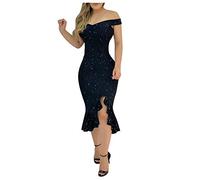 BOTCAM Abito da sera lungo, elegante, per matrimonio, da donna, in tinta unita, con spalle scoperte, maxi abito da festa, da donna, sexy, con brillantini, lunghezza al ginocchio, da sposa, da