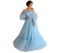 BOTCAM Abito da sposa da donna, tinta unita, con maniche a sbuffo, abito da sera, abito da damigella d'onore, in tulle, sexy, per il tempo libero, lungo, linea A-Line, Blu, XL