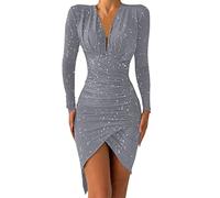 BOTCAM - Abito elegante da donna per feste, a maniche lunghe, per matrimoni, bodycon, sexy, con vita alta, abito da cocktail, scollo profondo a V, con paillettes, abito irregolare, che valorizza la