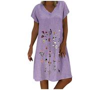 BOTCAM Abito estivo da donna in lino, casual, con scollo a V, a maniche corte, linea ad A, per il tempo libero, in cotone e lino, oversize, abito bohémien, senza accessori, Lilla 3, XXXL