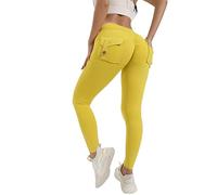BOTCAM Leggings cargo da donna a vita alta, leggings sportivi da donna, lunghi, con tasca, opachi, per lo sport, il tempo libero, da donna, per il controllo della pancia, skinny Fit, giallo., L