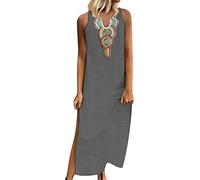 BOTCAM Maxi abito estivo da donna, in cotone boho, in lino, per il tempo libero, con scollo a V, senza maniche, stile retrò, da donna, anni '70, abito da sera lungo, per feste e cocktail