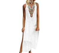 BOTCAM Maxi abito estivo da donna, in cotone boho, in lino, per il tempo libero, con scollo a V, senza maniche, stile retrò, da donna, anni '70, abito da sera lungo, per feste e cocktail