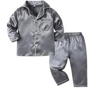 BOTCAM Pigiama da bambina a maniche lunghe, tinta unita, monopetto in raso, due pezzi, loungewear per fratelli, grigio., 6-7 Jahre