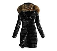 BOTCAM Piumino invernale caldo da donna, cappotto invernale lungo con cappuccio, rivestimento in pelliccia sintetica, caldo piumino lucido, invernale, parka con cerniera, giacca invernale
