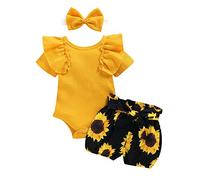 BOTCAM Stramper, maniche corte da bambina, a maglia, con pantaloni floreali + cerchietto per capelli per neonati, vestiti e set di vestiti per neonati, giallo., 12-18 Monate