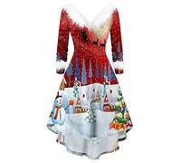 BOTCAM Vestito di Natale elegante da donna, a maniche lunghe, in peluche, scollo a V, a vita alta, irregolare, abito di Natale, abito da festa, vestito di Babbo Natale, Rosso 7., S