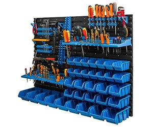 botle 33 scatole impilabili da parete, in plastica, porta attrezzi da muro 117 x 78 cm, per magazzino, scaffale porta attrezzi da lavoro, contenitori per garage blu
