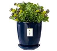 botle Vaso per fiori blu scuro, con sottovaso, rotondo, 320 mm x 345 mm, superficie lucida, in ceramica, moderno, glamour