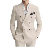 Botong 2 pezzi vestito di lino per gli uomini doppio petto smoking da sposa bavero a punta vestito da ballo vestito da lavoro, Beige, 50