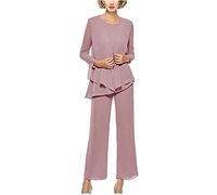 Botong 3 Pezzi di Chiffon Madre Pantaloni Tuta da Donna Formale Abito da Sera Abito da Sposa Manica Lunga Dusty Rose 50