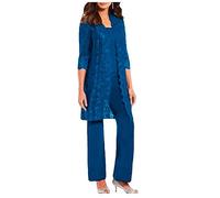 Botong 3 pezzi madre della sposa pantaloni vestito per matrimonio giacca lunga pizzo chiffon abiti da donna per ballo di fine anno sera, Blu, 48