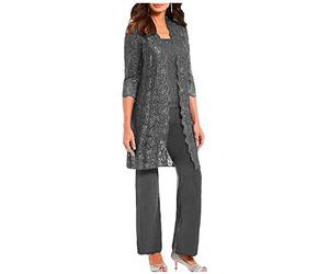 Botong - Completo da 3 pezzi per la mamma della sposa, con giacca in pizzo e pantaloni in chiffon, outfit da donna per matrimoni, da sera, da ballo, Grigio, 52
