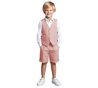 Botong Set da smoking per bambini in lino, 2 pezzi, con gilet e pantaloni corti, per l'estate, spiaggia, matrimonio, per bambini, rosa, 3 anni