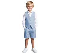 Botong Set da smoking per bambini in lino, 2 pezzi, con gilet e pantaloni corti, per l'estate, spiaggia, matrimonio, per bambini, Azzurro, 3 anni