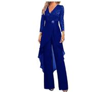 Botong - Set di pantaloni da sposa per madre della sposa, 2 pezzi, in chiffon e pizzo, con strass, a maniche 3/4, per invitata al matrimonio, Blu reale, 14