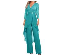 Botong - Set di pantaloni da sposa per madre della sposa, 2 pezzi, in chiffon e pizzo, con strass, a maniche 3/4, per invitata al matrimonio, Acqua, 14