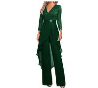 Botong - Set di pantaloni da sposa per madre della sposa, 2 pezzi, in chiffon e pizzo, con strass, a maniche 3/4, per invitata al matrimonio, Verde scuro, 12