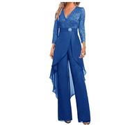 Botong - Set di pantaloni da sposa per madre della sposa, 2 pezzi, in chiffon e pizzo, con strass, a maniche 3/4, per invitata al matrimonio, Blu scuro, 26 EU