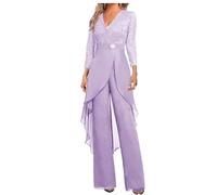 Botong - Set di pantaloni da sposa per madre della sposa, 2 pezzi, in chiffon e pizzo, con strass, a maniche 3/4, per invitata al matrimonio, Lavanda, 14