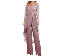 Botong - Set di pantaloni da sposa per madre della sposa, 2 pezzi, in chiffon e pizzo, con strass, a maniche 3/4, per invitata al matrimonio, Rosa polvere, 10