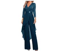 Botong - Set di pantaloni da sposa per madre della sposa, 2 pezzi, in chiffon e pizzo, con strass, a maniche 3/4, per invitata al matrimonio, Foglia di t, 18