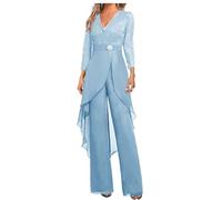 Botong - Set di pantaloni da sposa per madre della sposa, 2 pezzi, in chiffon e pizzo, con strass, a maniche 3/4, per invitata al matrimonio, Azzurro, 16