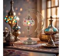 BOTOWI Lampada da Tavolo Turca a Luna, Illuminazione marocchina a Mosaico, Accento Boho Multicolore, Globo di Vetro colorato con Design Floreale per Comodino o Soggiorno,A5
