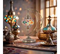 BOTOWI Lampada da Tavolo Turca a Luna, Illuminazione marocchina a Mosaico, Accento Boho Multicolore, Globo di Vetro colorato con Design Floreale per Comodino o Soggiorno,A4
