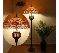 BOTOWI Lampada da Terra in Vetro Colorato Lampada da Lettura a Piedistallo 18X18X67 Pollici Lampada da Angolo Antica Arredo per Camera da Letto Soggiorno Ufficio,Red Dragonfly