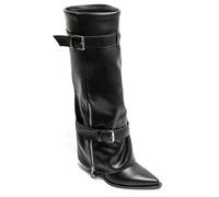 Bottes haute femme au design biker con boccoli metallici e zip decorativa, disponibili in nero e bordeaux. È il perfetto stile motociclista chic. È il motociclista perfetto. È il meglio, è il meglio,