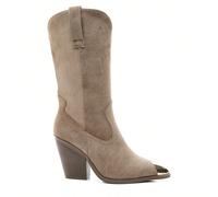 Bottes haute western à talon épais e bout point Décoratif Stile affermativo con bottes western e beige suédine, parfait dall'aspetto bohème o country chic. Leur coupe mi-mollet, leur bout point e leur