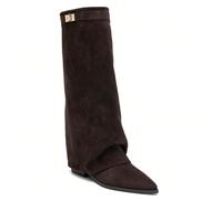 Bottes Hautes à Recouvrement à Boucle Dorée - L'Allure Cavalière Urbaine Marche Fluid: Talon bloc bas semplice, légèrement biseauté à l'arrière, offre une assise parfaite e una stabilité ottimale per 