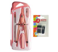 BOTTI Kit Pastel Pcs 6 compasso in metallo professionale, matita, temperino con raccoglitore, extra mine con temperamine per scuola media elementare superiore Made in Italy (PASTEL ROSA)