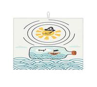 Bottiglia all'interno del mare, nave che naviga sulle onde, sole pirata splendente, tappetini artistici per asciugare i piatti, tappetino per scolapiatti, tappetino morbido e piccolo, 16 x 18 pollici