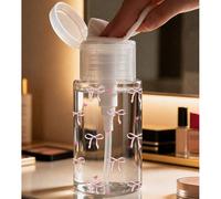 Bottiglia da viaggio ricaricabile in PET trasparente con motivo a fiocco e cuore, flacone dispenser per struccante con pompa portatile da 3,38oz/6,76oz, adatto per solvente per unghie, tonico e strucc