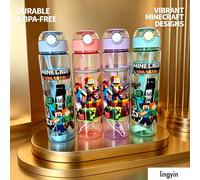 Bottiglia d'acqua con cannuccia Minecraft Trails & Tales - Tazza d'acqua in plastica trasparente con stampa di personaggi a pixel, coperchio apribile con un clic e cannuccia incorporata, design a tenu