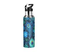 Bottiglia d'acqua in acciaio inox con piume di pavone blu e verde da 590 ml, bottiglia d'acqua a tenuta stagna, borraccia sportiva senza BPA