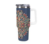 Bottiglia d'acqua isolata in acciaio inossidabile da 40 once, stile orientale antico, composizione a mosaico con motivi inter-mandala, stampa, tazza da caffè da viaggio con cannuccia, tazza per auto
